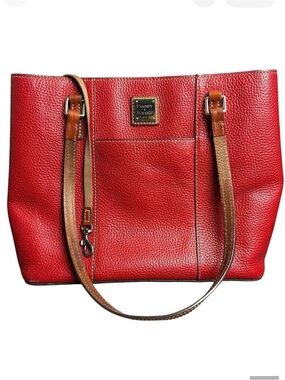 Dooney & Bourke Red Pebbled Leather Tote with Brown Handles